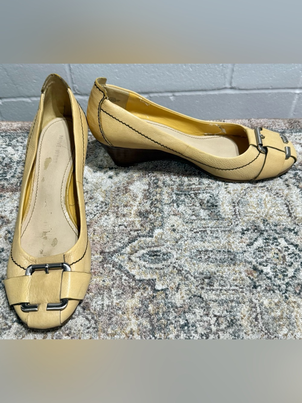 Nine West Yellow Leather Low Wedge Ballet Flats with Buckle Accent